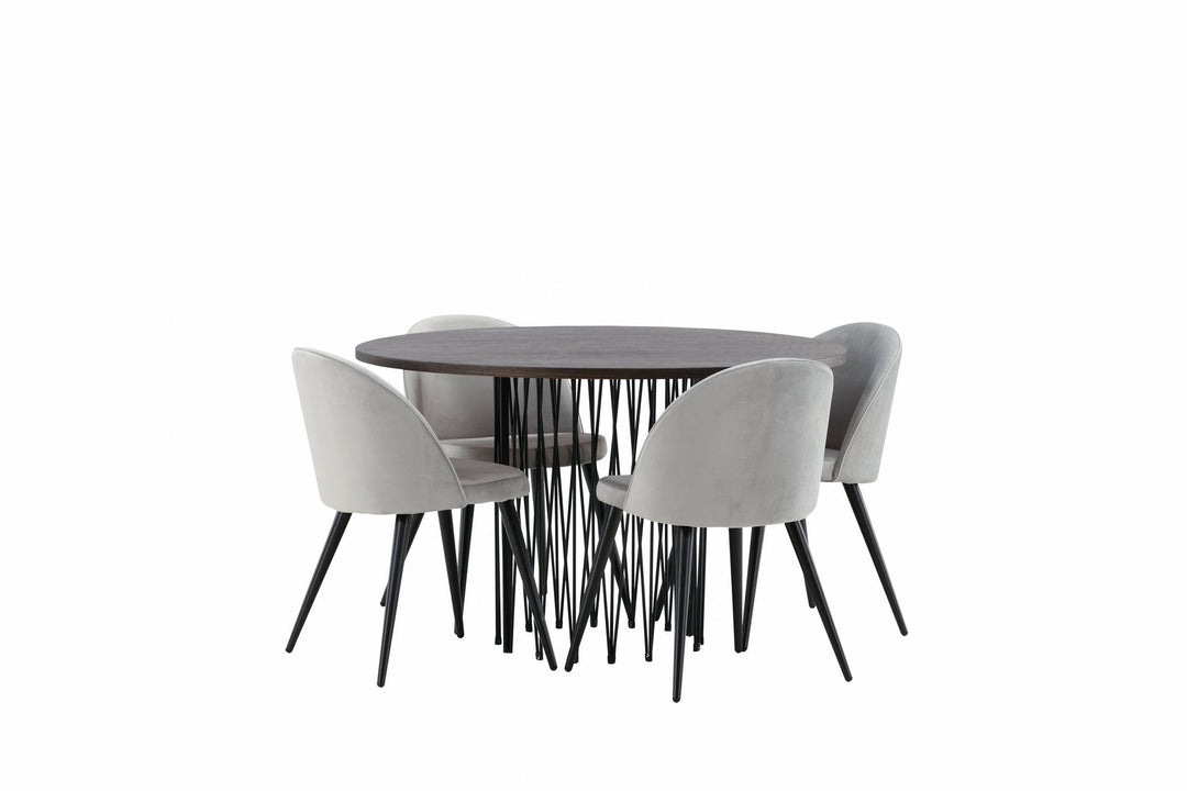 Venture Home Stone round Dining Table - Black / Mocca Veneer +Velvet Dining Chair - Light Grey / Black _4