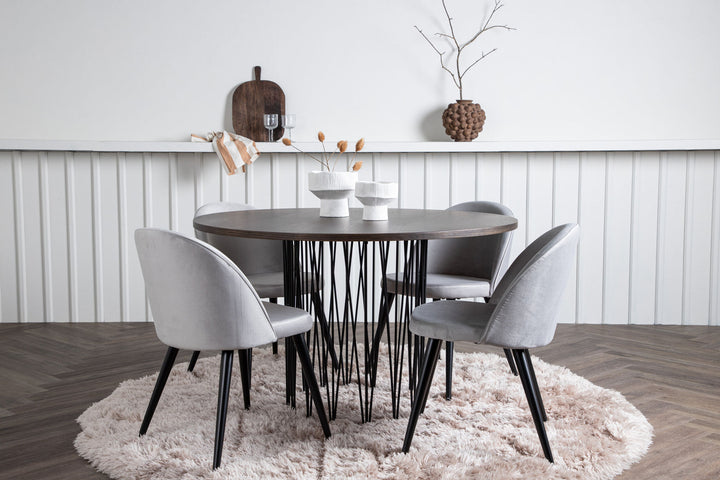 Venture Home Stone round Dining Table - Black / Mocca Veneer +Velvet Dining Chair - Light Grey / Black _4