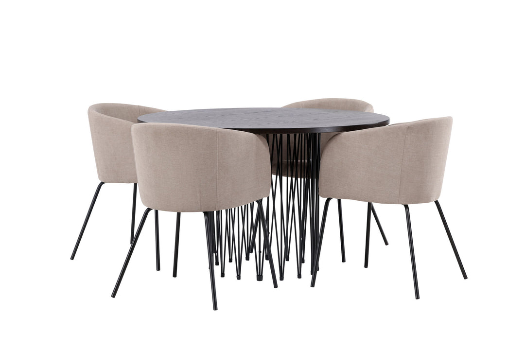 Venture Home Stone round Dining Table - Black / Mocca Veneer +Berit Chair - Black / Beige Fabric (Polyester linen ) _4
