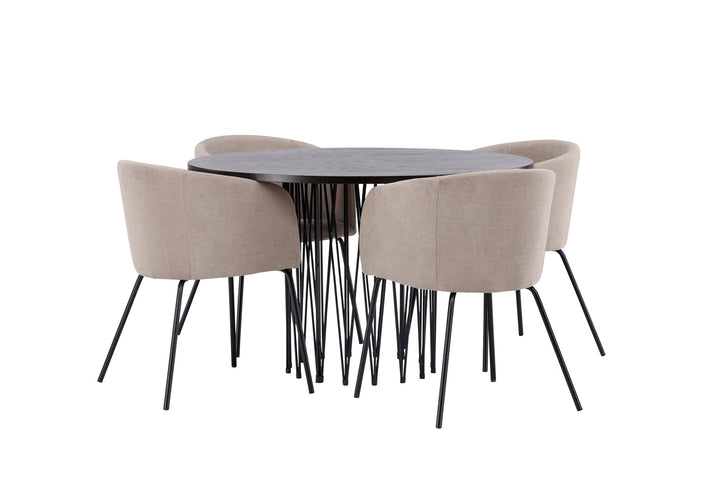 Venture Home Stone round Dining Table - Black / Mocca Veneer +Berit Chair - Black / Beige Fabric (Polyester linen ) _4
