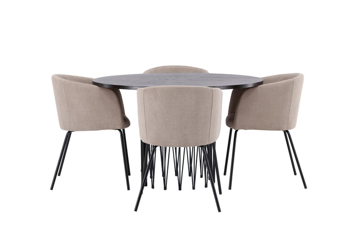 Venture Home Stone round Dining Table - Black / Mocca Veneer +Berit Chair - Black / Beige Fabric (Polyester linen ) _4