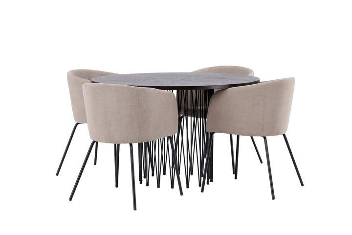Venture Home Stone round Dining Table - Black / Mocca Veneer +Berit Chair - Black / Beige Fabric (Polyester linen ) _4