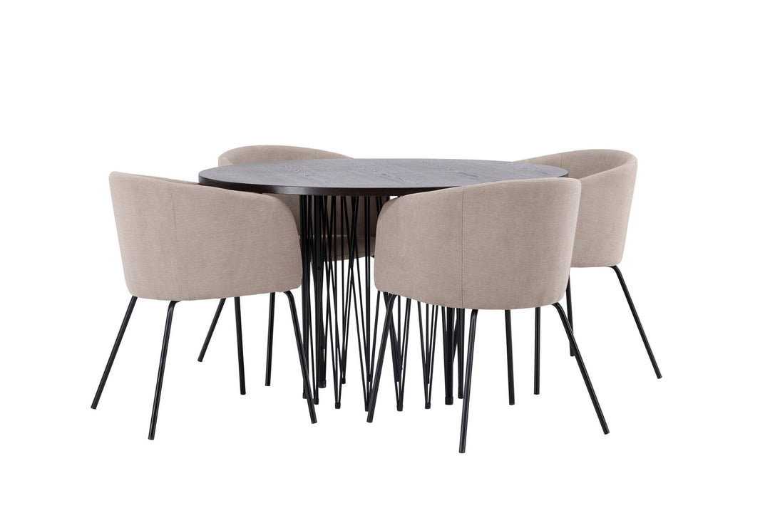 Venture Home Stone round Dining Table - Black / Mocca Veneer +Berit Chair - Black / Beige Fabric (Polyester linen ) _4