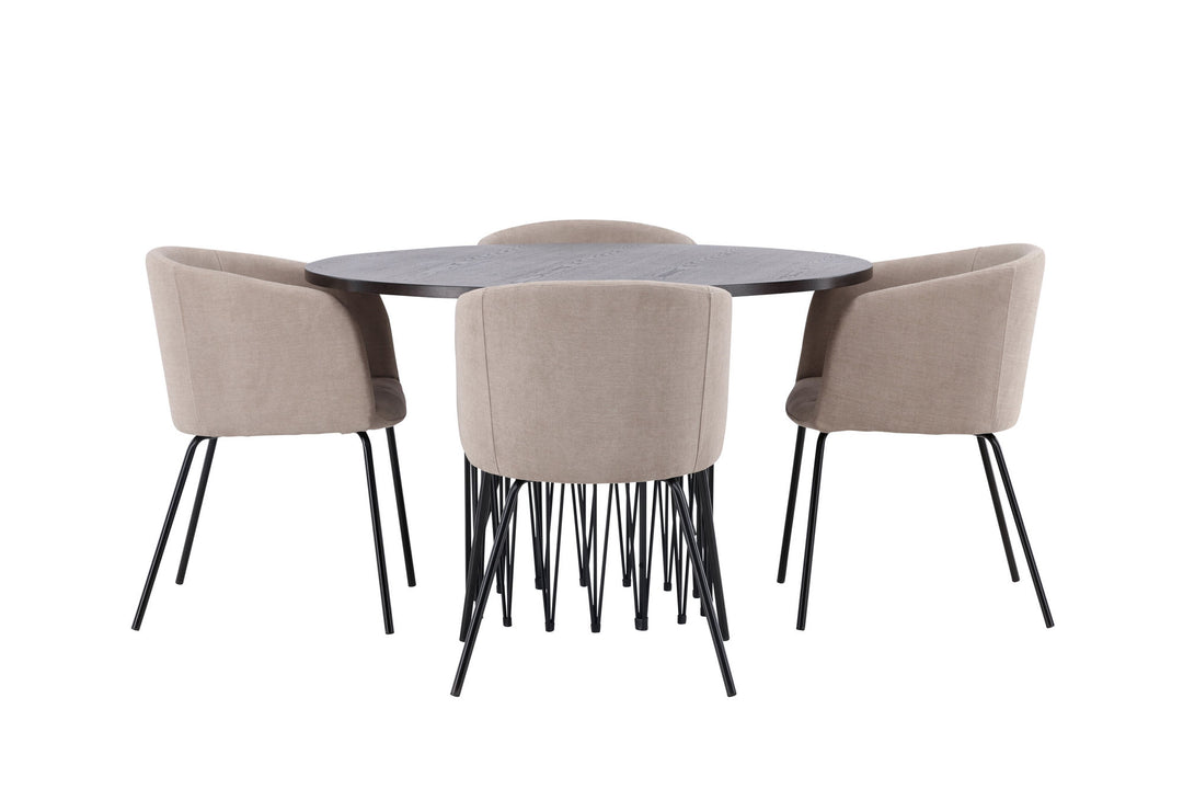 Venture Home Stone round Dining Table - Black / Mocca Veneer +Berit Chair - Black / Beige Fabric (Polyester linen ) _4