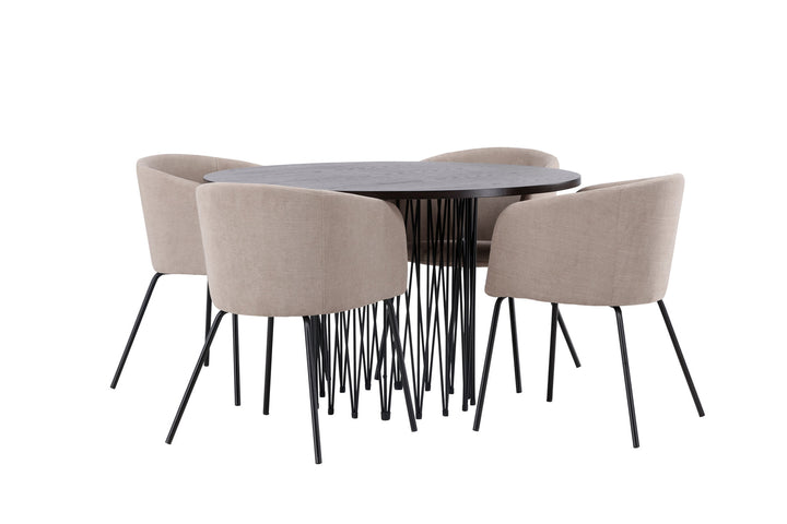 Venture Home Stone round Dining Table - Black / Mocca Veneer +Berit Chair - Black / Beige Fabric (Polyester linen ) _4