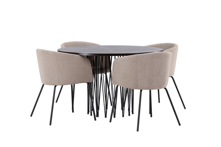Venture Home Stone round Dining Table - Black / Mocca Veneer +Berit Chair - Black / Beige Fabric (Polyester linen ) _4