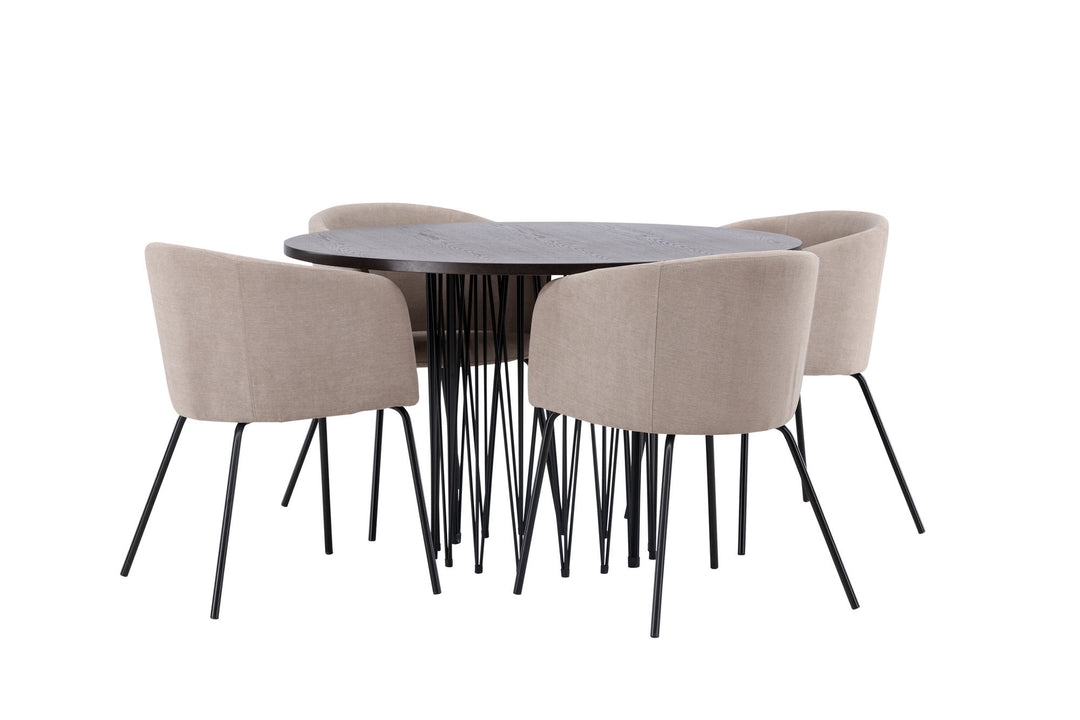 Venture Home Stone round Dining Table - Black / Mocca Veneer +Berit Chair - Black / Beige Fabric (Polyester linen ) _4