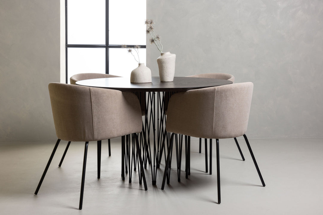 Venture Home Stone round Dining Table - Black / Mocca Veneer +Berit Chair - Black / Beige Fabric (Polyester linen ) _4
