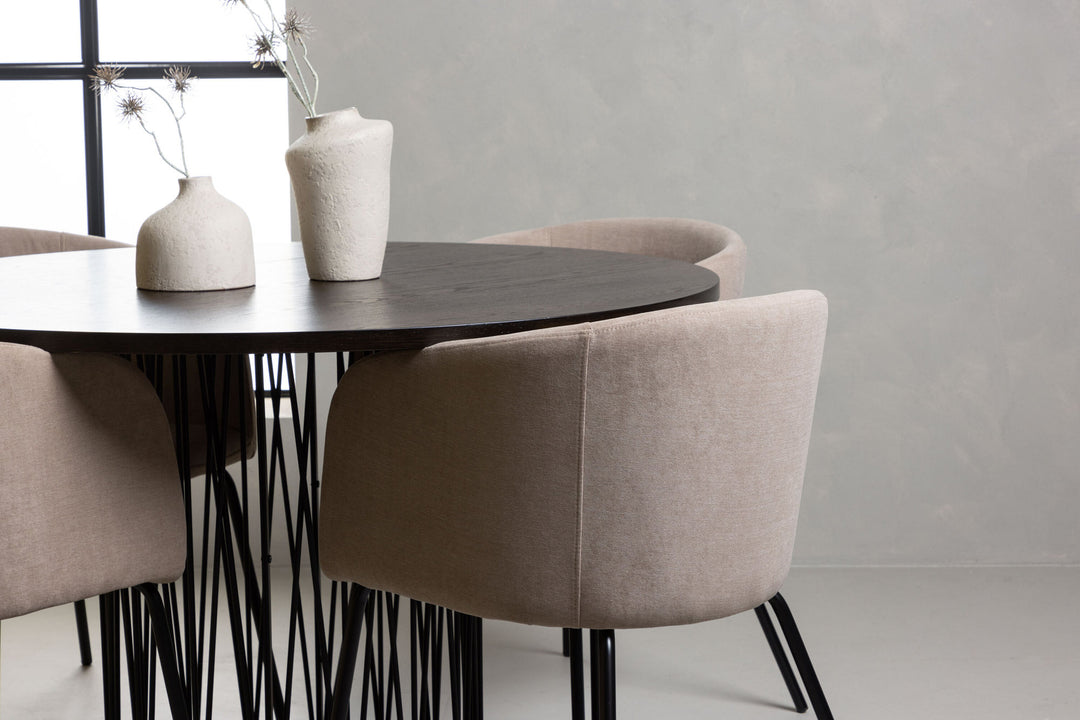 Venture Home Stone round Dining Table - Black / Mocca Veneer +Berit Chair - Black / Beige Fabric (Polyester linen ) _4