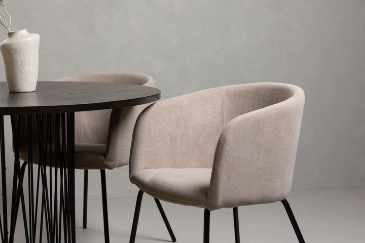 Venture Home Stone round Dining Table - Black / Mocca Veneer +Berit Chair - Black / Beige Fabric (Polyester linen ) _4