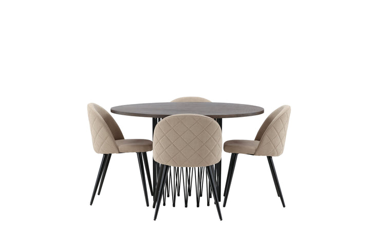 Venture Home Stone round Dining Table - Black / Mocca Veneer +Velvet Stitches Chair - Black / Beige Fabric (Polyester linen ) _4