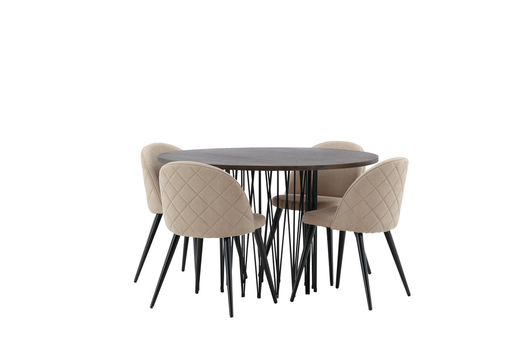 Venture Home Stone round Dining Table - Black / Mocca Veneer +Velvet Stitches Chair - Black / Beige Fabric (Polyester linen ) _4