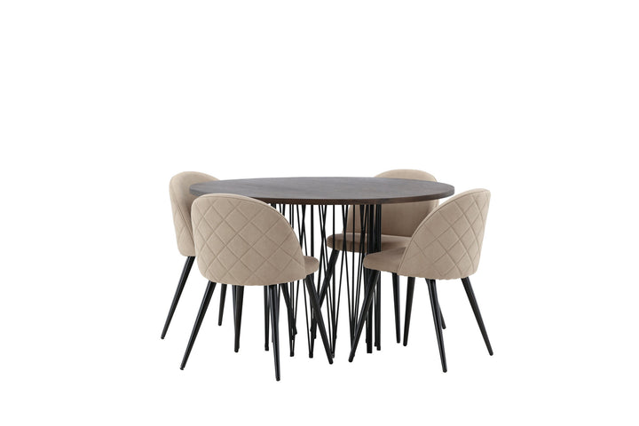 Venture Home Stone round Dining Table - Black / Mocca Veneer +Velvet Stitches Chair - Black / Beige Fabric (Polyester linen ) _4