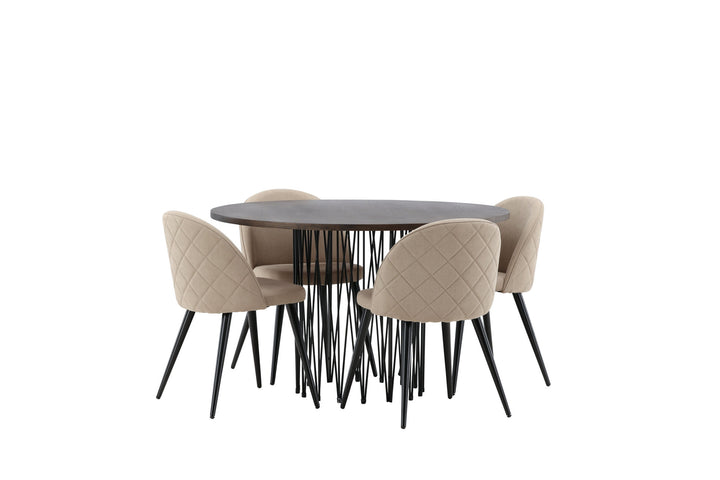 Venture Home Stone round Dining Table - Black / Mocca Veneer +Velvet Stitches Chair - Black / Beige Fabric (Polyester linen ) _4