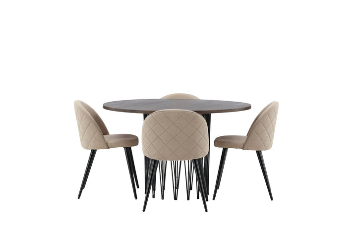 Venture Home Stone round Dining Table - Black / Mocca Veneer +Velvet Stitches Chair - Black / Beige Fabric (Polyester linen ) _4
