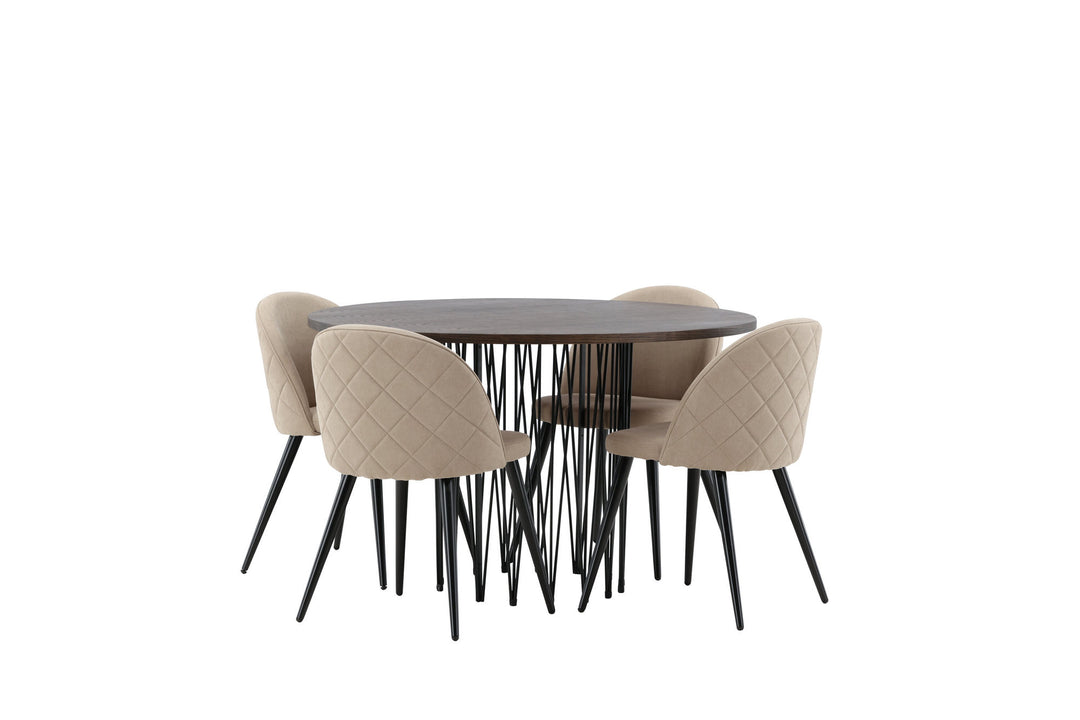 Venture Home Stone round Dining Table - Black / Mocca Veneer +Velvet Stitches Chair - Black / Beige Fabric (Polyester linen ) _4