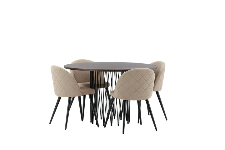 Venture Home Stone round Dining Table - Black / Mocca Veneer +Velvet Stitches Chair - Black / Beige Fabric (Polyester linen ) _4