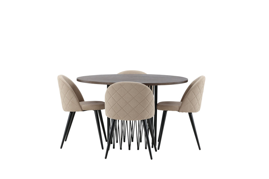 Venture Home Stone round Dining Table - Black / Mocca Veneer +Velvet Stitches Chair - Black / Beige Fabric (Polyester linen ) _4