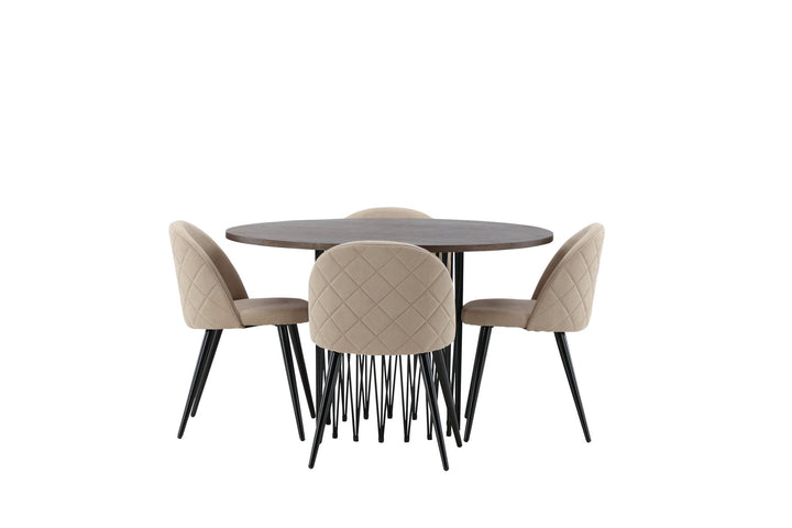 Venture Home Stone round Dining Table - Black / Mocca Veneer +Velvet Stitches Chair - Black / Beige Fabric (Polyester linen ) _4