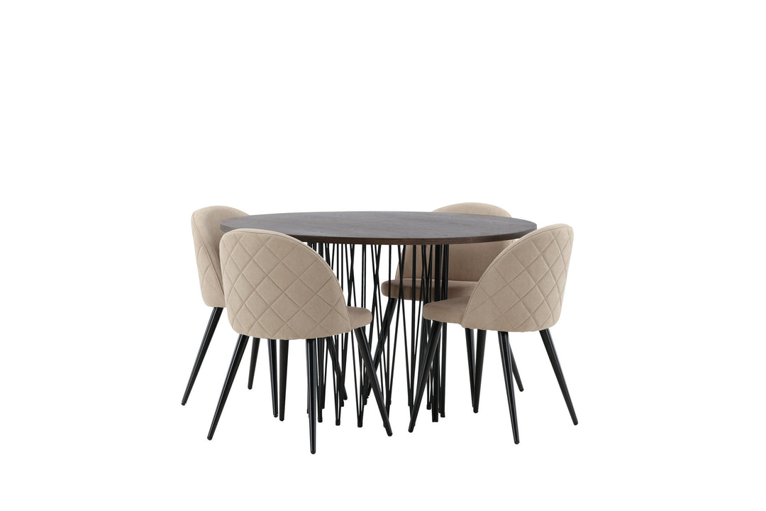 Venture Home Stone round Dining Table - Black / Mocca Veneer +Velvet Stitches Chair - Black / Beige Fabric (Polyester linen ) _4