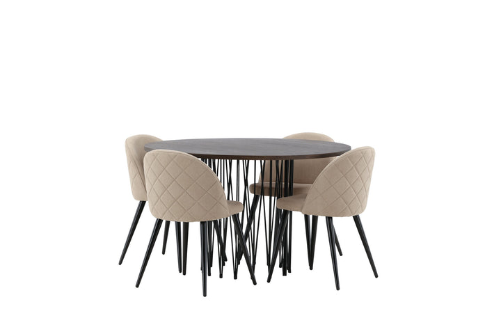 Venture Home Stone round Dining Table - Black / Mocca Veneer +Velvet Stitches Chair - Black / Beige Fabric (Polyester linen ) _4