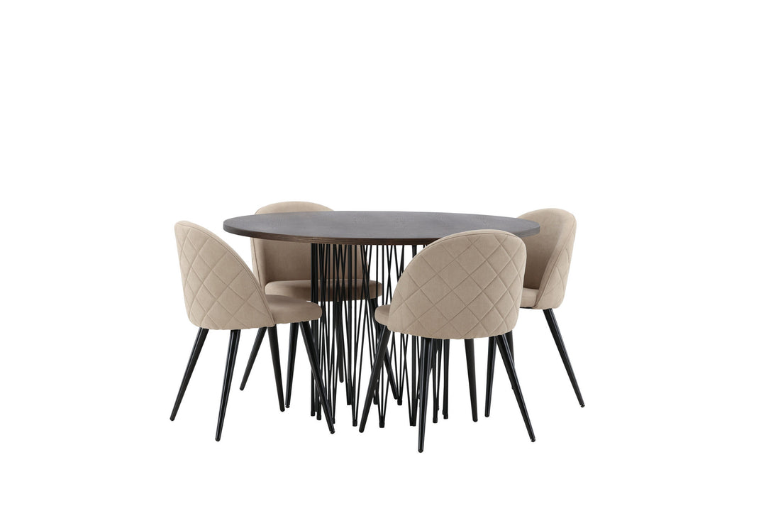 Venture Home Stone round Dining Table - Black / Mocca Veneer +Velvet Stitches Chair - Black / Beige Fabric (Polyester linen ) _4
