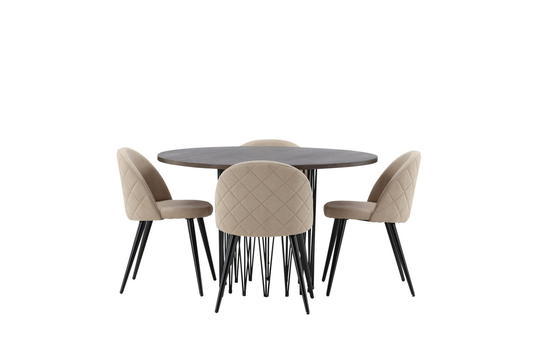 Venture Home Stone round Dining Table - Black / Mocca Veneer +Velvet Stitches Chair - Black / Beige Fabric (Polyester linen ) _4