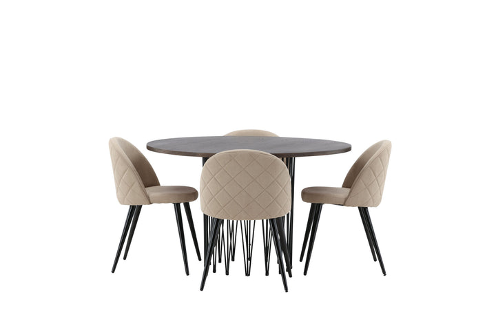 Venture Home Stone round Dining Table - Black / Mocca Veneer +Velvet Stitches Chair - Black / Beige Fabric (Polyester linen ) _4