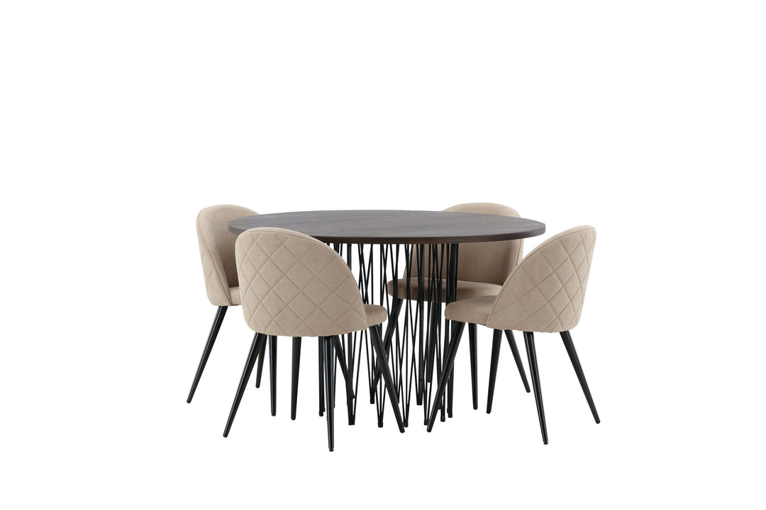 Venture Home Stone round Dining Table - Black / Mocca Veneer +Velvet Stitches Chair - Black / Beige Fabric (Polyester linen ) _4