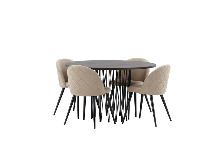 Venture Home Stone round Dining Table - Black / Mocca Veneer +Velvet Stitches Chair - Black / Beige Fabric (Polyester linen ) _4
