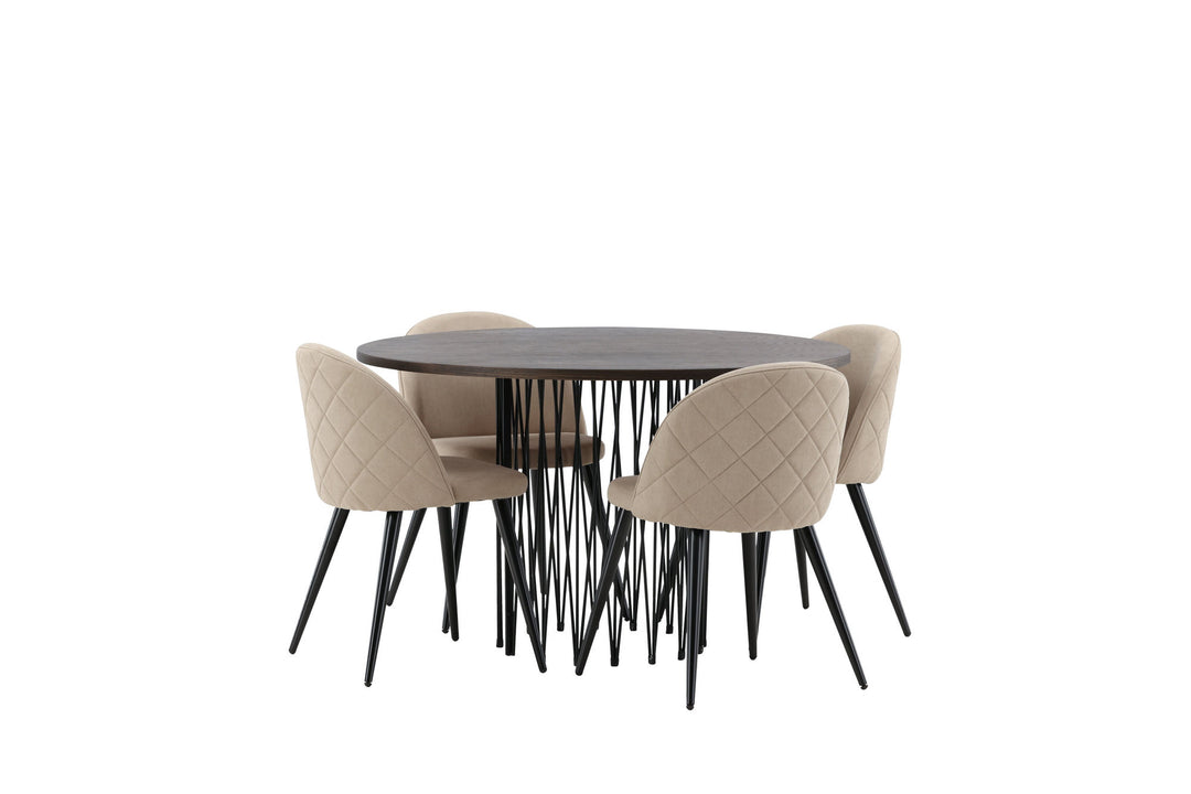 Venture Home Stone round Dining Table - Black / Mocca Veneer +Velvet Stitches Chair - Black / Beige Fabric (Polyester linen ) _4