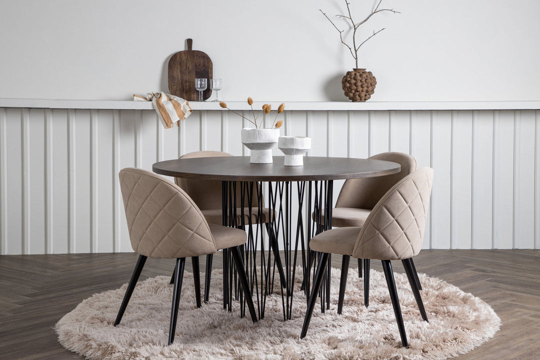 Venture Home Stone round Dining Table - Black / Mocca Veneer +Velvet Stitches Chair - Black / Beige Fabric (Polyester linen ) _4
