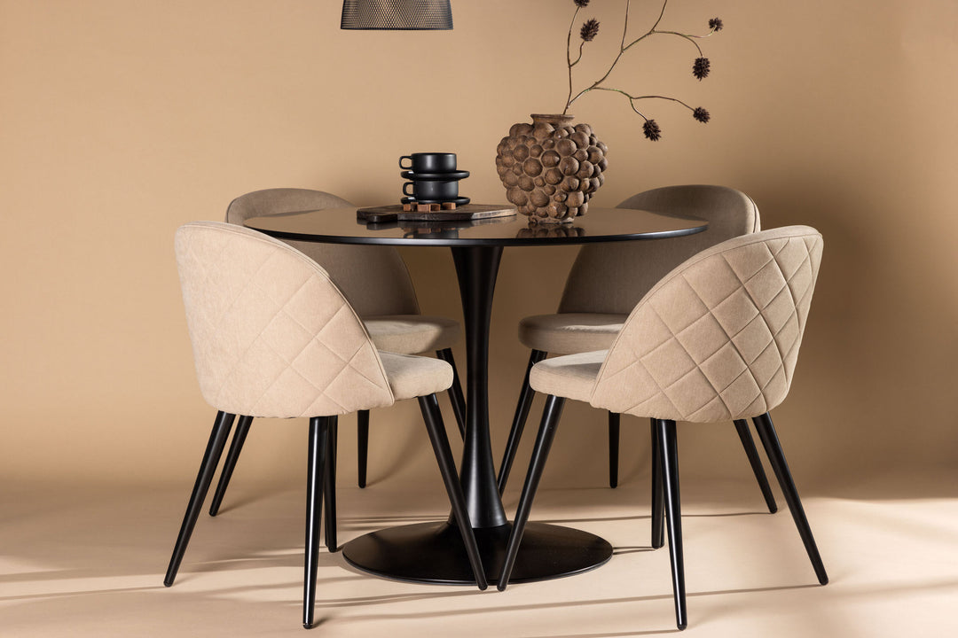 Venture Home Glade Dining Table - Black / Black MDF +Velvet Stitches Chair - Black / Beige Fabric (Polyester linen ) _4
