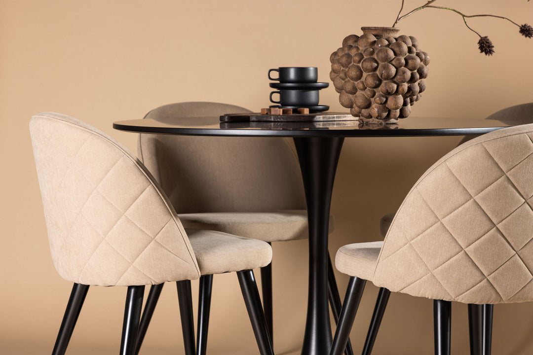 Venture Home Glade Dining Table - Black / Black MDF +Velvet Stitches Chair - Black / Beige Fabric (Polyester linen ) _4