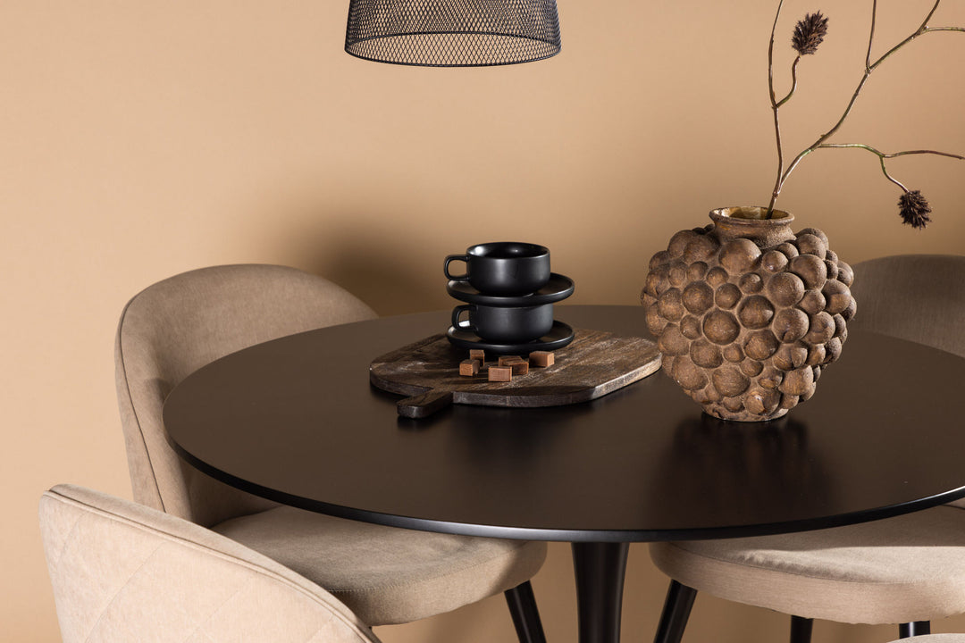 Venture Home Glade Dining Table - Black / Black MDF +Velvet Stitches Chair - Black / Beige Fabric (Polyester linen ) _4