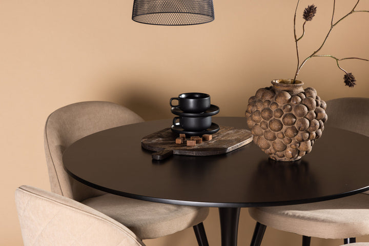 Venture Home Glade Dining Table - Black / Black MDF +Velvet Stitches Chair - Black / Beige Fabric (Polyester linen ) _4