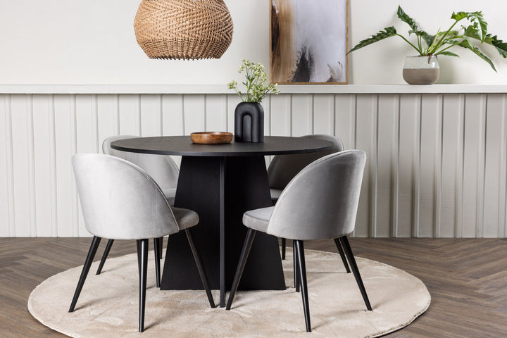 Venture Home Bootcut Round Dining Table - Black / Black Fanéer +Velvet Dining Chair - Light Grey / Black _4