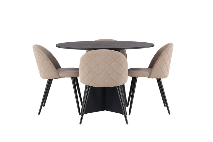 Venture Home Bootcut Round Dining Table - Black / Black Fanéer +Velvet Stitches Chair - Black / Beige Fabric (Polyester linen ) _4