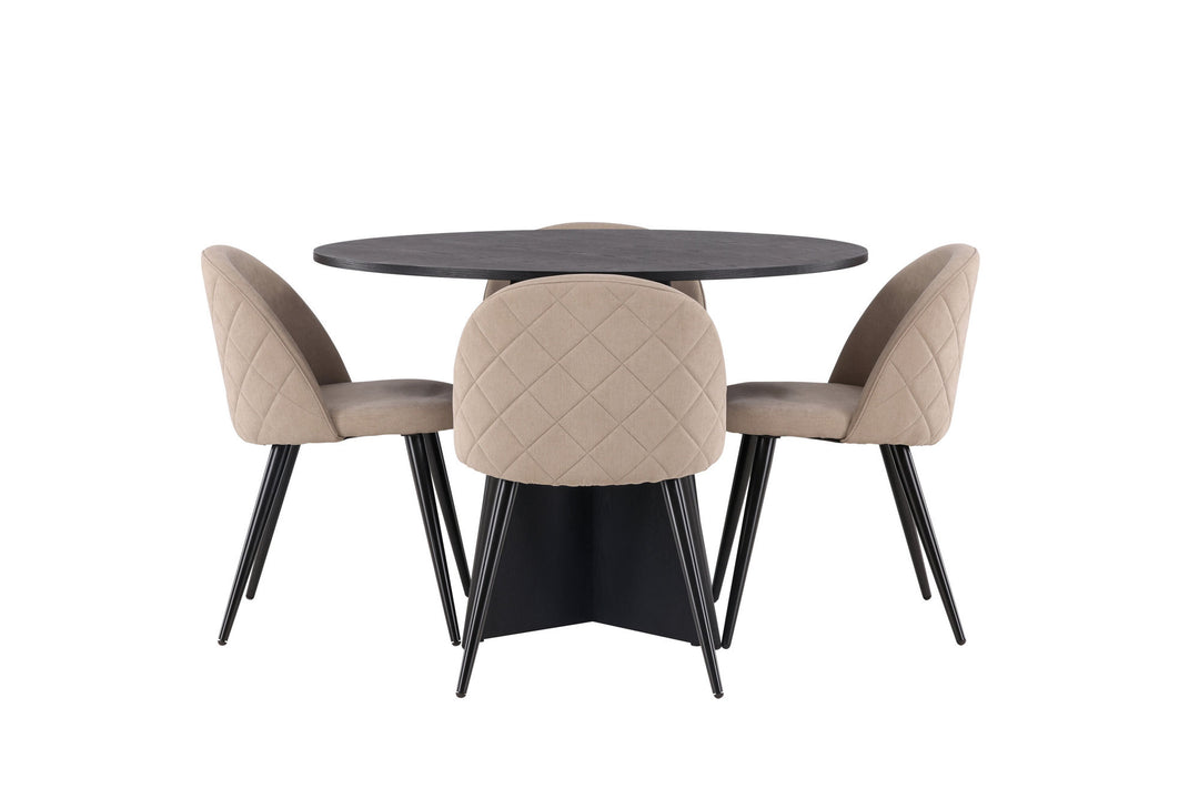 Venture Home Bootcut Round Dining Table - Black / Black Fanéer +Velvet Stitches Chair - Black / Beige Fabric (Polyester linen ) _4