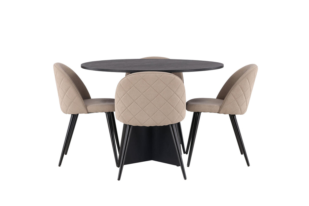 Venture Home Bootcut Round Dining Table - Black / Black Fanéer +Velvet Stitches Chair - Black / Beige Fabric (Polyester linen ) _4
