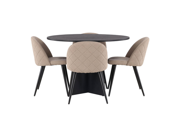 Venture Home Bootcut Round Dining Table - Black / Black Fanéer +Velvet Stitches Chair - Black / Beige Fabric (Polyester linen ) _4
