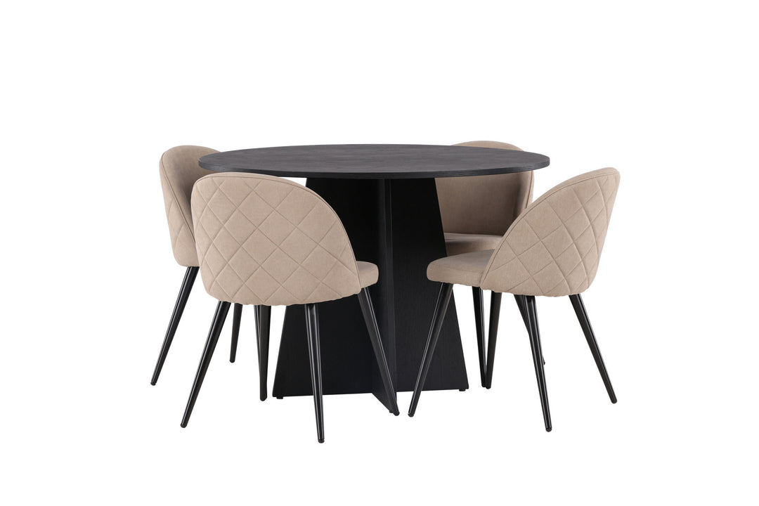 Venture Home Bootcut Round Dining Table - Black / Black Fanéer +Velvet Stitches Chair - Black / Beige Fabric (Polyester linen ) _4