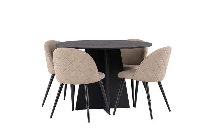 Venture Home Bootcut Round Dining Table - Black / Black Fanéer +Velvet Stitches Chair - Black / Beige Fabric (Polyester linen ) _4