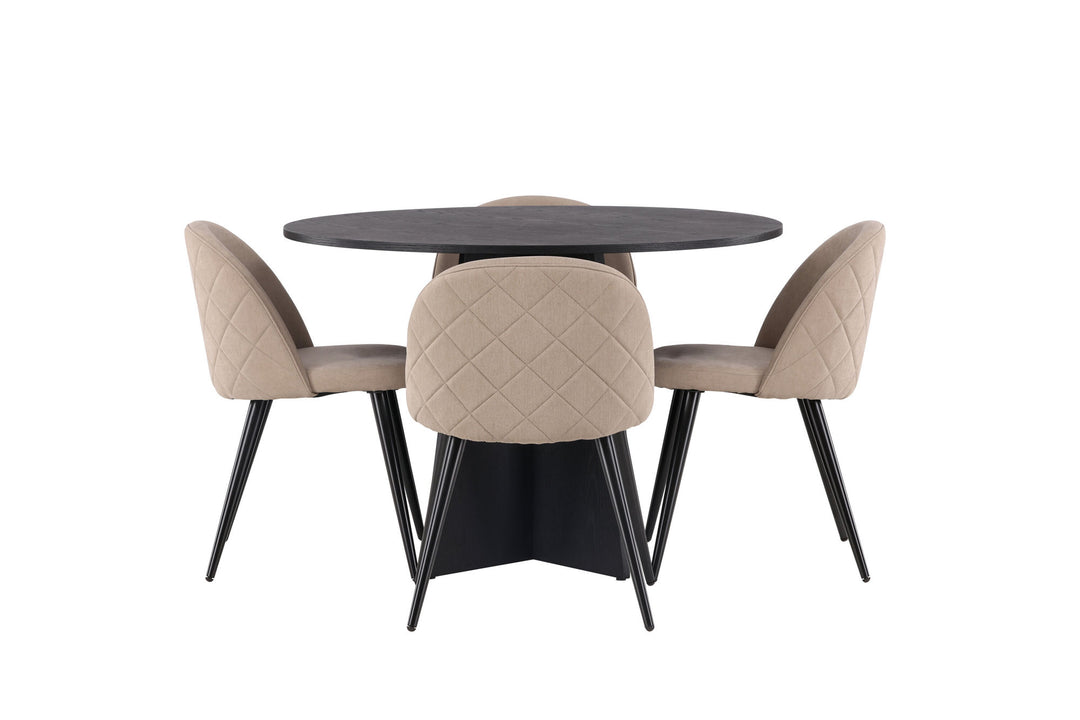 Venture Home Bootcut Round Dining Table - Black / Black Fanéer +Velvet Stitches Chair - Black / Beige Fabric (Polyester linen ) _4