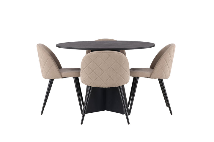 Venture Home Bootcut Round Dining Table - Black / Black Fanéer +Velvet Stitches Chair - Black / Beige Fabric (Polyester linen ) _4