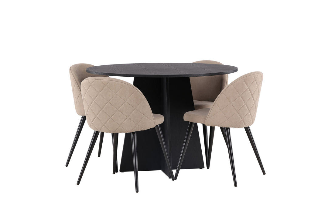 Venture Home Bootcut Round Dining Table - Black / Black Fanéer +Velvet Stitches Chair - Black / Beige Fabric (Polyester linen ) _4