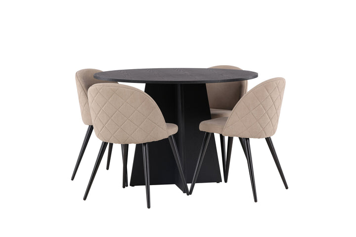 Venture Home Bootcut Round Dining Table - Black / Black Fanéer +Velvet Stitches Chair - Black / Beige Fabric (Polyester linen ) _4
