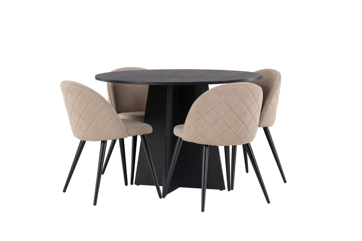 Venture Home Bootcut Round Dining Table - Black / Black Fanéer +Velvet Stitches Chair - Black / Beige Fabric (Polyester linen ) _4