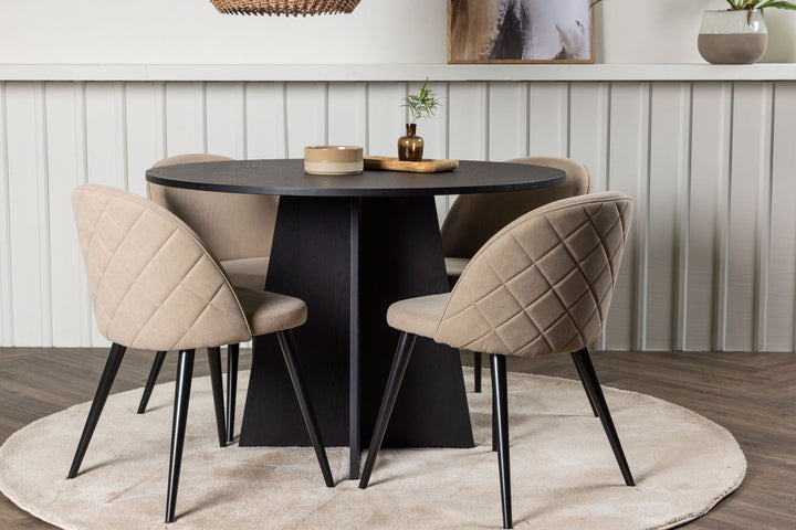 Venture Home Bootcut Round Dining Table - Black / Black Fanéer +Velvet Stitches Chair - Black / Beige Fabric (Polyester linen ) _4
