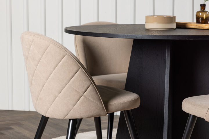 Venture Home Bootcut Round Dining Table - Black / Black Fanéer +Velvet Stitches Chair - Black / Beige Fabric (Polyester linen ) _4
